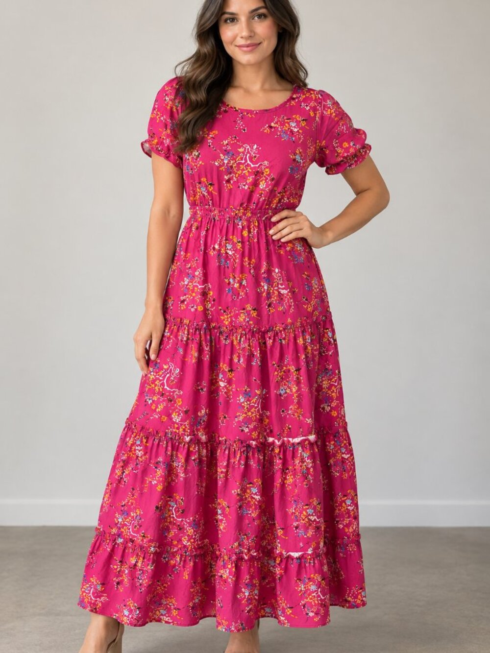 Unbranded S Pink Floral Tiered Maxi Dress Short Sleeve Cottagecore Boho